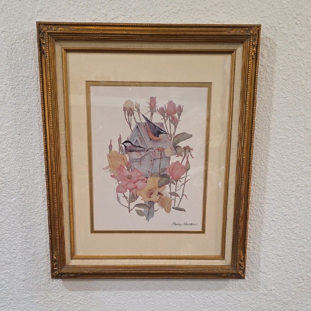 Bird House By Nancy KaestnerFloral Art Print in Gold Frame
